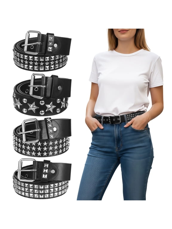 4 Pcs Black Studded Belts, Y2K Belt Punk Rock Grommet Belt 43 in Long Studded Rivet/Square Beads/Stars for Men Women