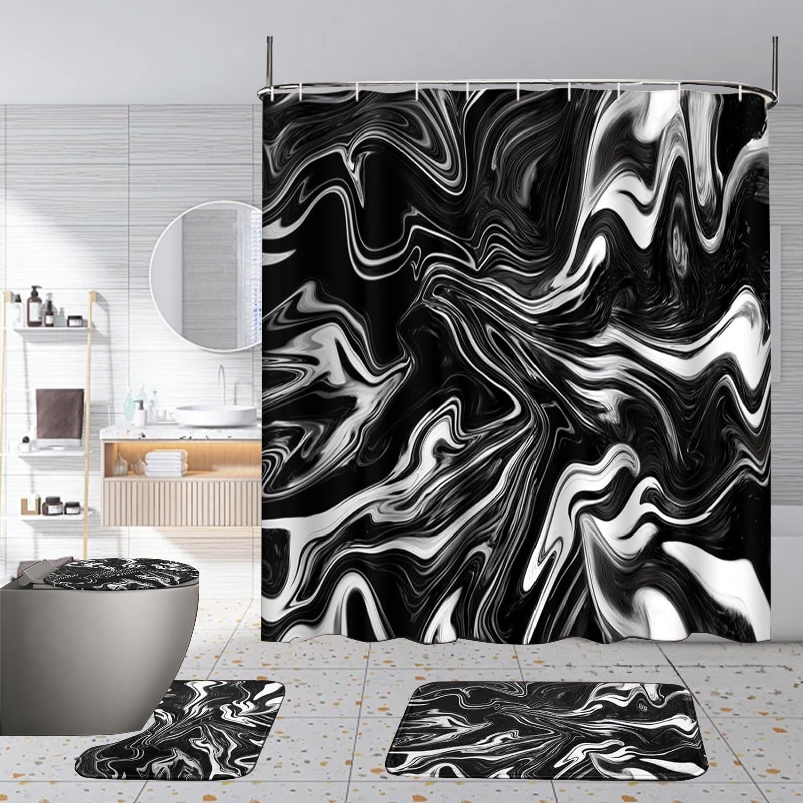 4 Pcs Black and White Ripple Shower Curtain Set Black and White Bathroom Sets Modern Home Bathroom Decor with Rugs and Toilet Lid Cover (Black)