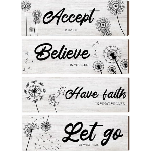 4 Pcs Black dandelion Wooden Wall Sign Accept Let Go Have Faith Believe Wooden Wall Decor Inspirational Wall Art for Living Room Bathroom 3.9411.81 Inch Black