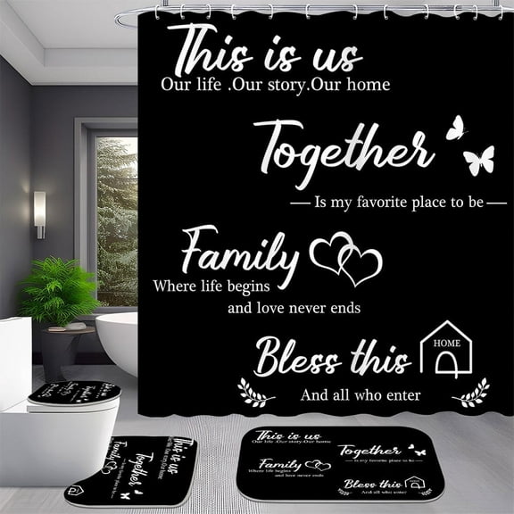 4 Pcs Bless Family Together Love Shower Curtain Set With Rug Toilet Cover and Bath Mat for Bathroom