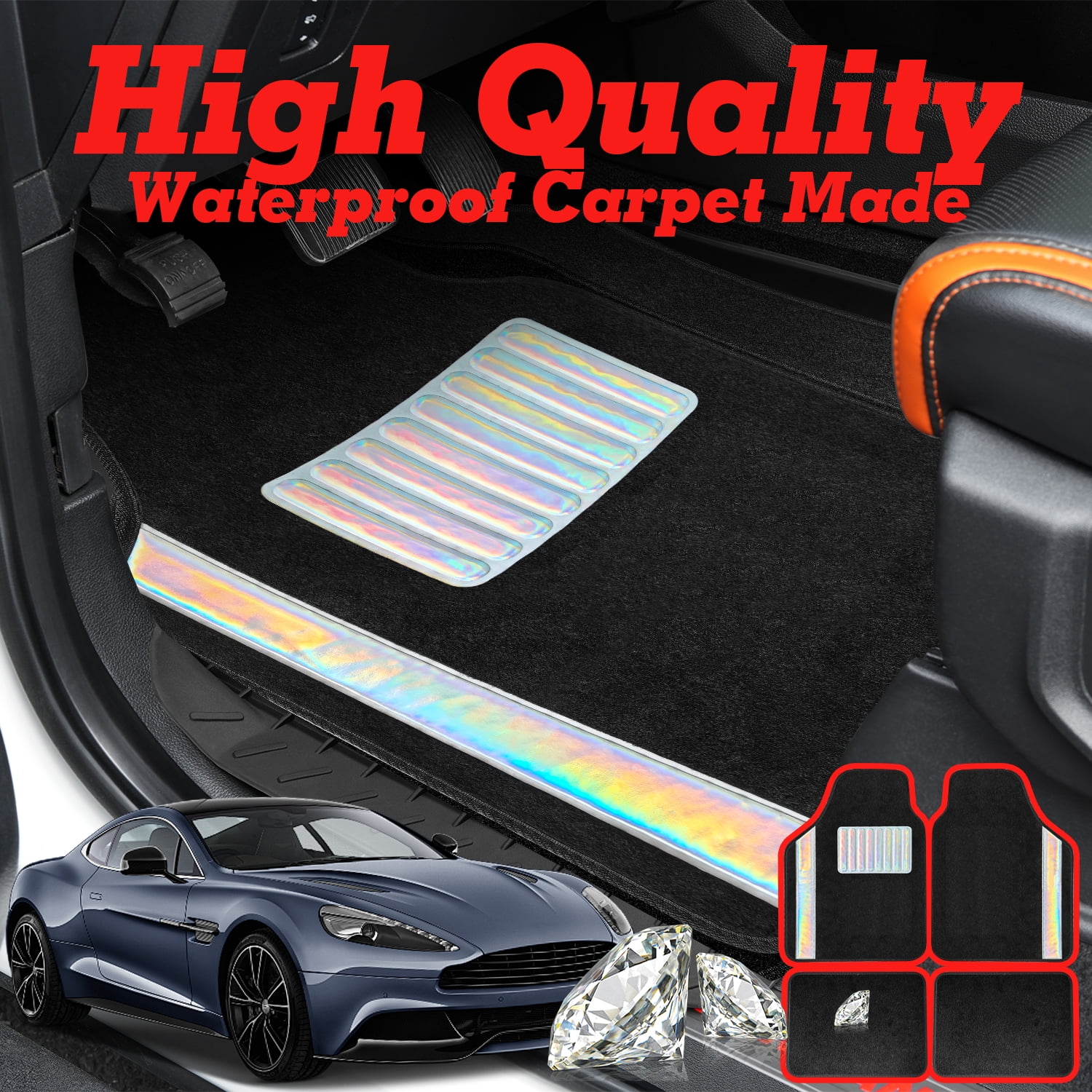 4 Pcs Bling Car Floor Mats with Iridescent Laser Sparkle, Universal Fit Carpet Liners for Women Girls, Non-Slip Waterproof (Black + Iridescent Laser Sparkle)