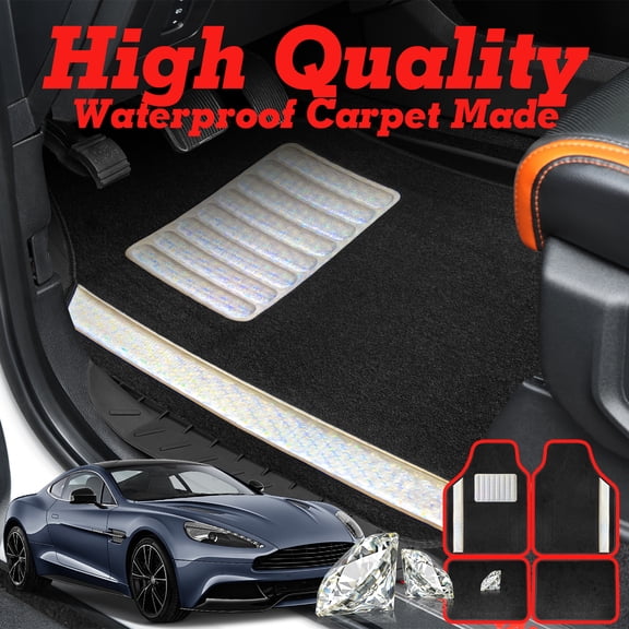 4 Pcs Bling Car Floor Mats with White Diamond Crystal, Universal Fit Carpet Liners for Women Girls, Non-Slip Waterproof (Black + White Diamond Crystal)