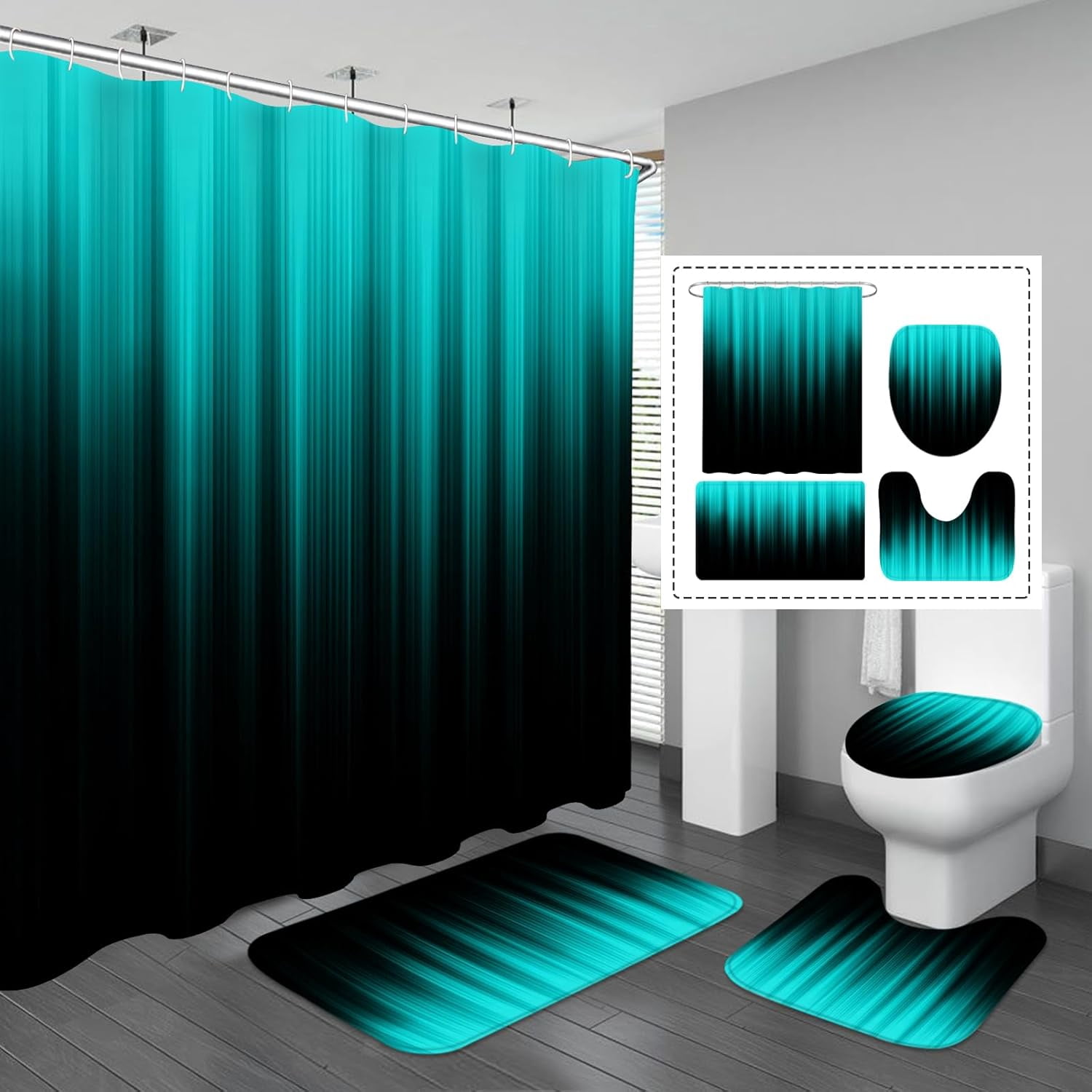 4 Pcs Blue and Black Shower Curtain Bathroom Set with Rugs, Toilet Lid ...