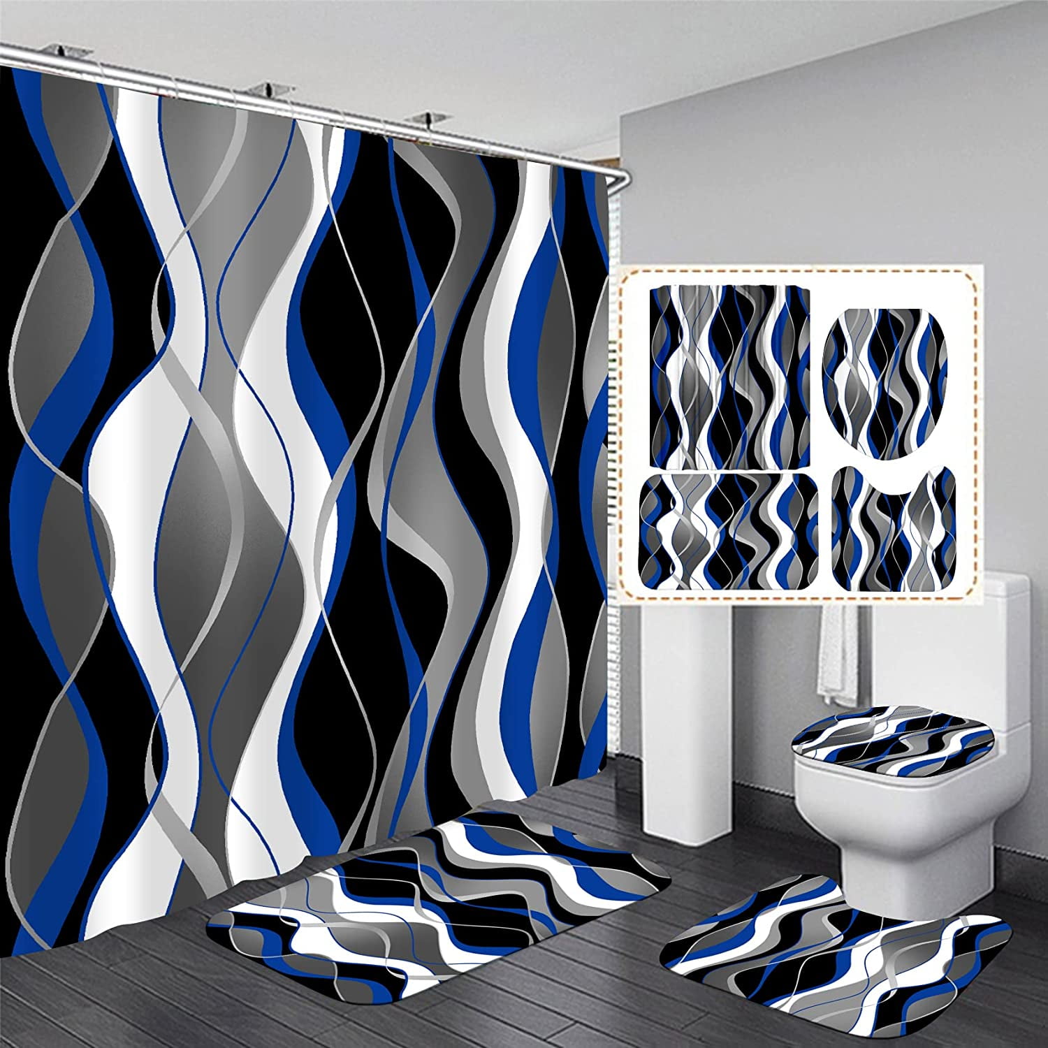 4 Pcs Blue and Black Striped Shower Curtain Set Grey and White Bathroom Sets with Shower Curtain and Rugs Modern Home Bathroom Decor Shower Curtains with Rugs and Toilet Lid Cover