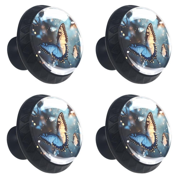 4 Pcs Blue Butterflies Print Cabinet Knobs 30mm Round Crystal Glass Drawer Handles Pulls with Screws for Kitchen Cupboard Wardrobe Closet Dresser, Home&Office