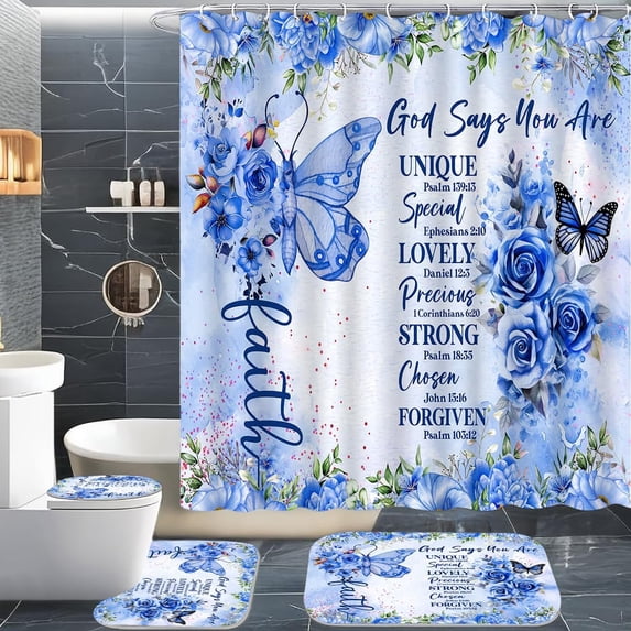 4 Pcs Blue Butterfly Inspirational Quotes Shower Curtain Set with Rugs, Toilet Lid Cover and Bath Mat, Bible Verse Floral Bathroom Decor Set Accessories, Colorful Boho Shower Curtain with 12 Hooks