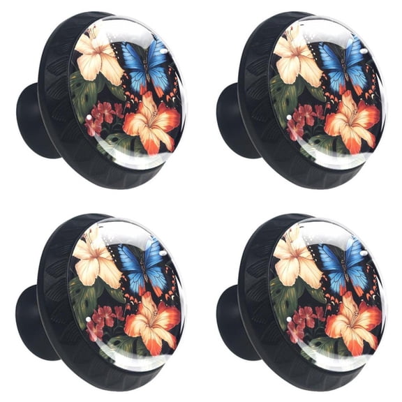 4 Pcs Blue Butterfly on Tropical Hibiscus Leave Print Cabinet Knobs 30mm Round Crystal Glass Drawer Handles Pulls with Screws for Kitchen Cupboard Wardrobe Closet Dresser, Home&Office