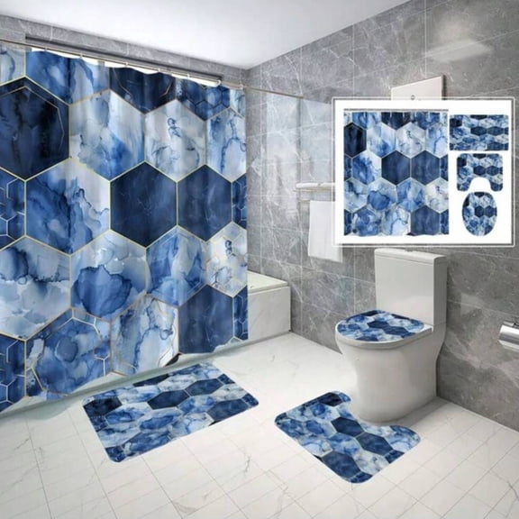 4 Pcs Blue Diamond Geometric Shower Curtain Toilet Seat Cover Bathroom Decoration 12 Hooks