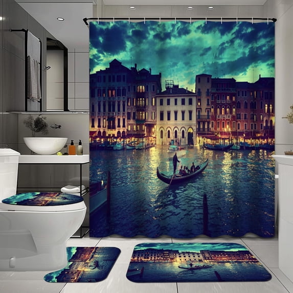 4 Pcs Blue Evening Shower Curtain Sets with Rugs for Bathroom Decor,Italian Sunset Bathroom Shower Curtain Sets,City Boat Bathroom Sets with Shower Curtain and Rugs
