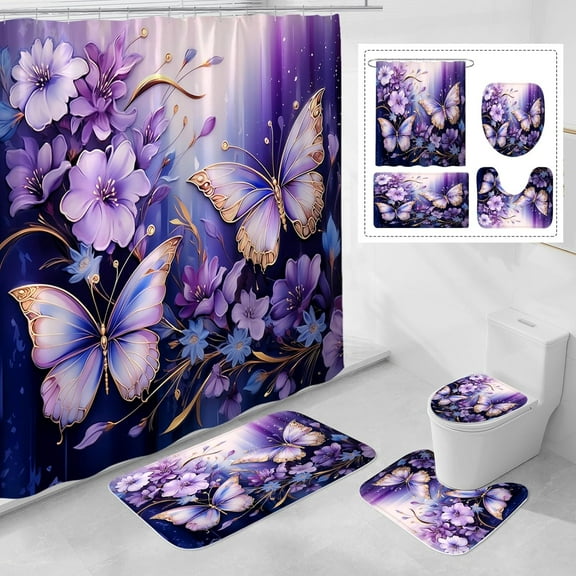 4 Pcs Purple Floral Butterfly Shower Curtain Set with Non-Slip Rugs, Modern Toilet Lid Cover and Bath Mat, Elegant Bathroom Decor Set with Shower Curtain and Rugs(Hooks Not Included)