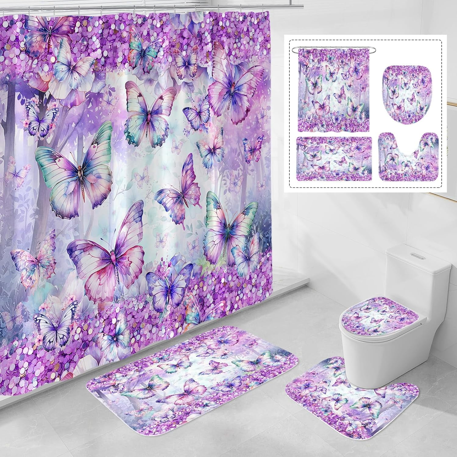 4 Pcs Blue Floral Butterfly Shower Curtain Set with Non-Slip Rugs, Modern Toilet Lid Cover and Bath Mat, Sparkling Bathroom Decor Set with Shower Curtain and Rugs
