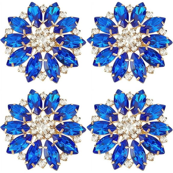 4 Pcs Blue Flower Alloy Rhinestone Shank Buttons 1.57 Inch Bouquet Rhinestone Buttons with Light Gold Buttom and 1-Hole Sew On Embellishments Button for Craft DIY Wedding Gold