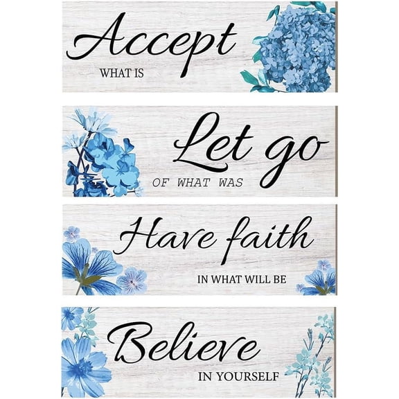 4 Pcs Blue Flower Wooden Wall Sign, Accept Let Go Have Faith Believe Wooden Wall Decor Inspirational Wall Art for Living Room Bathroom, 3.94×11.81 Inch