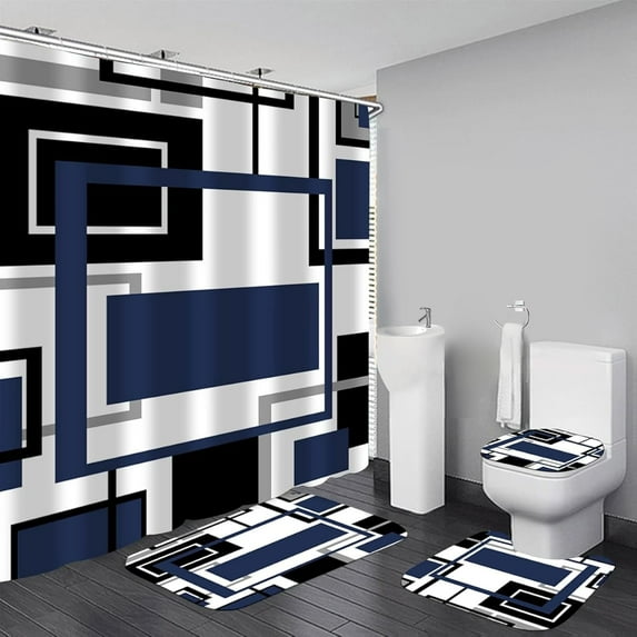 4 Pcs Blue Geometric Shower Curtain Sets with Rugs Blue Bathroom Sets with Shower Curtain and Rugs Modern Bathroom Curtains Shower Set with Toilet Lid Cover for Bathroom Decor Accessories