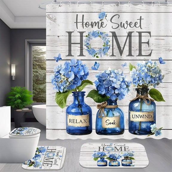 4 Pcs Blue Hydrangea Shower Curtain Sets Home Sweet Bathroom Set with Toilet Cover Mat and Rugs