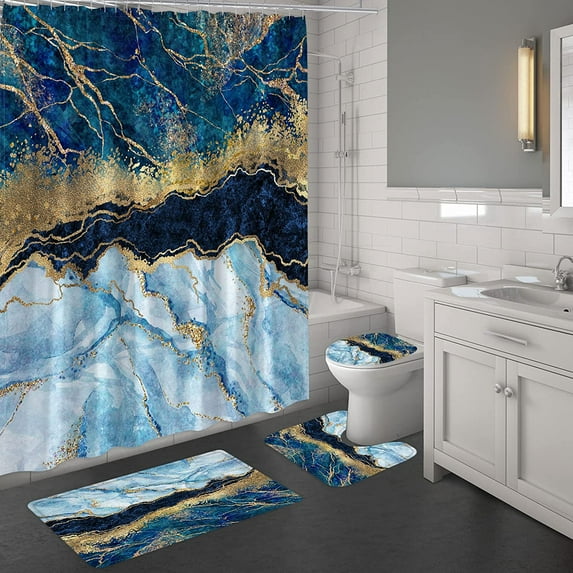4 Pcs Blue Marble Shower Curtain Sets with Rugs, Blue Gold Bathroom Sets with Shower Curtain and Rugs and Accessories, Modern Shower Curtain for Bathroom Decor