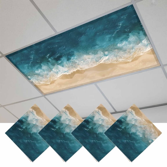4 Pcs Blue Ocean Fluorescent Light Covers Beach Wave Pattern Magnetic Light Covers for Ceiling Lights 4 x 2 ft Drop Ceiling Lights Cover Shade for Office, Home, Hospital