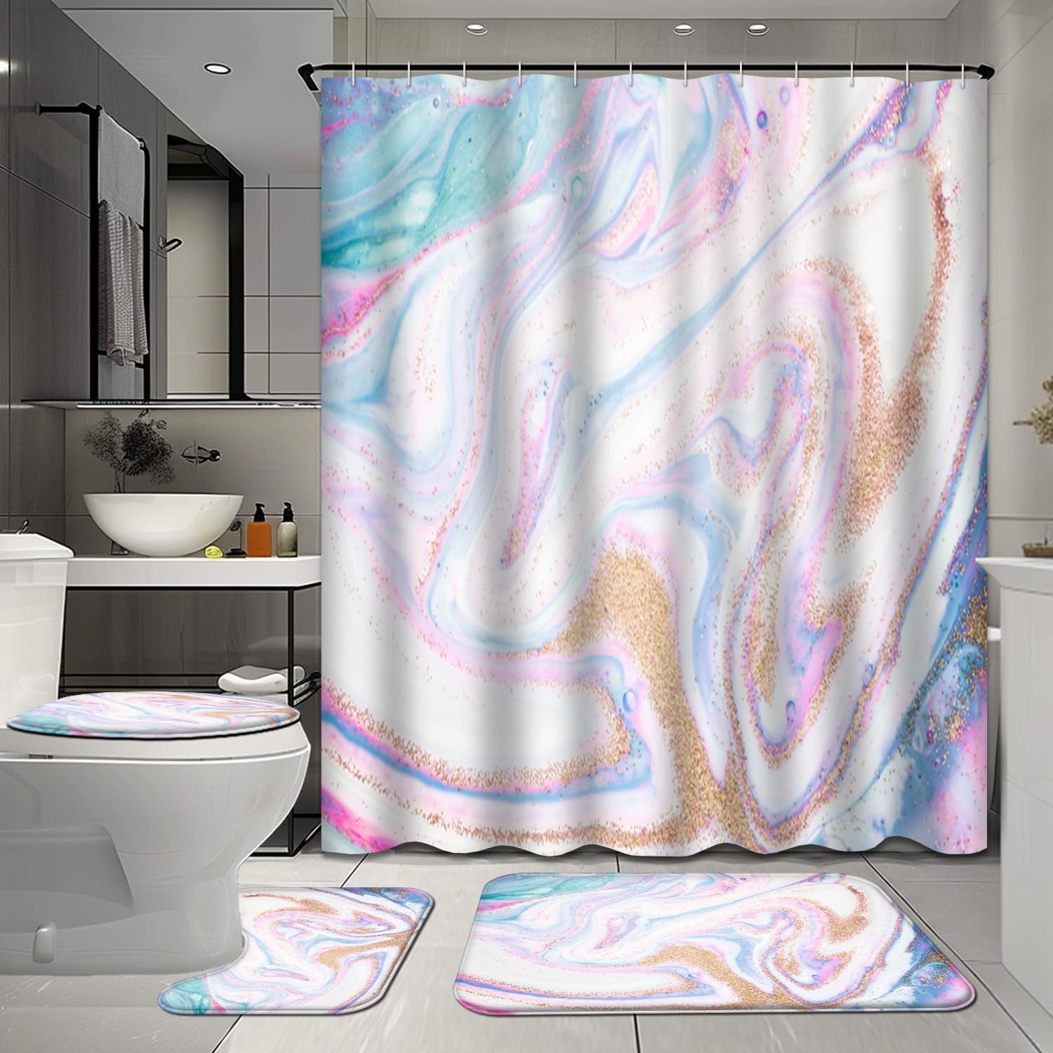 4 Pcs Blue Sky Shower Curtain Sets with Rugs for Bathroom Decor,White ...