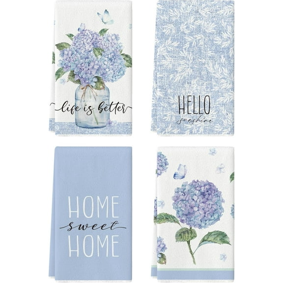 4 Pcs Blue Spring Hydrangeas Kitchen Towels, 27.5x20 Inch Watercolor Floral Decorative Kitchen Hand Towels, Summer Farmhouse Absorbent Dishcloth Fast Drying for Cooking (Hydrangeas)