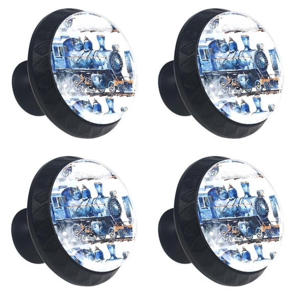 4 Pcs Blue Watercolor Retro Train Print Cabinet Knobs 30mm Round Crystal Glass Drawer Handles Pulls with Screws for Kitchen Cupboard Wardrobe Closet Dresser, Home&Office