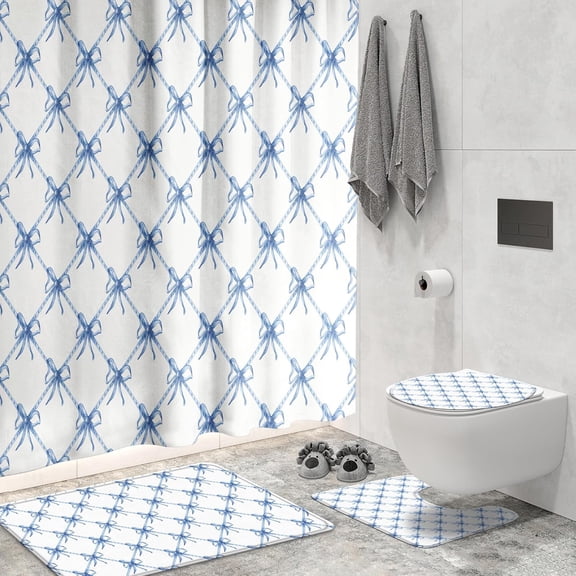 4 Pcs Blue and White Bow Bathroom Sets, Chic Preppy Bathroom for Girls, Princess Style Blue White Waterproof Bath Shower Curtain set with Mats and Accessories for Bathtub,72x72