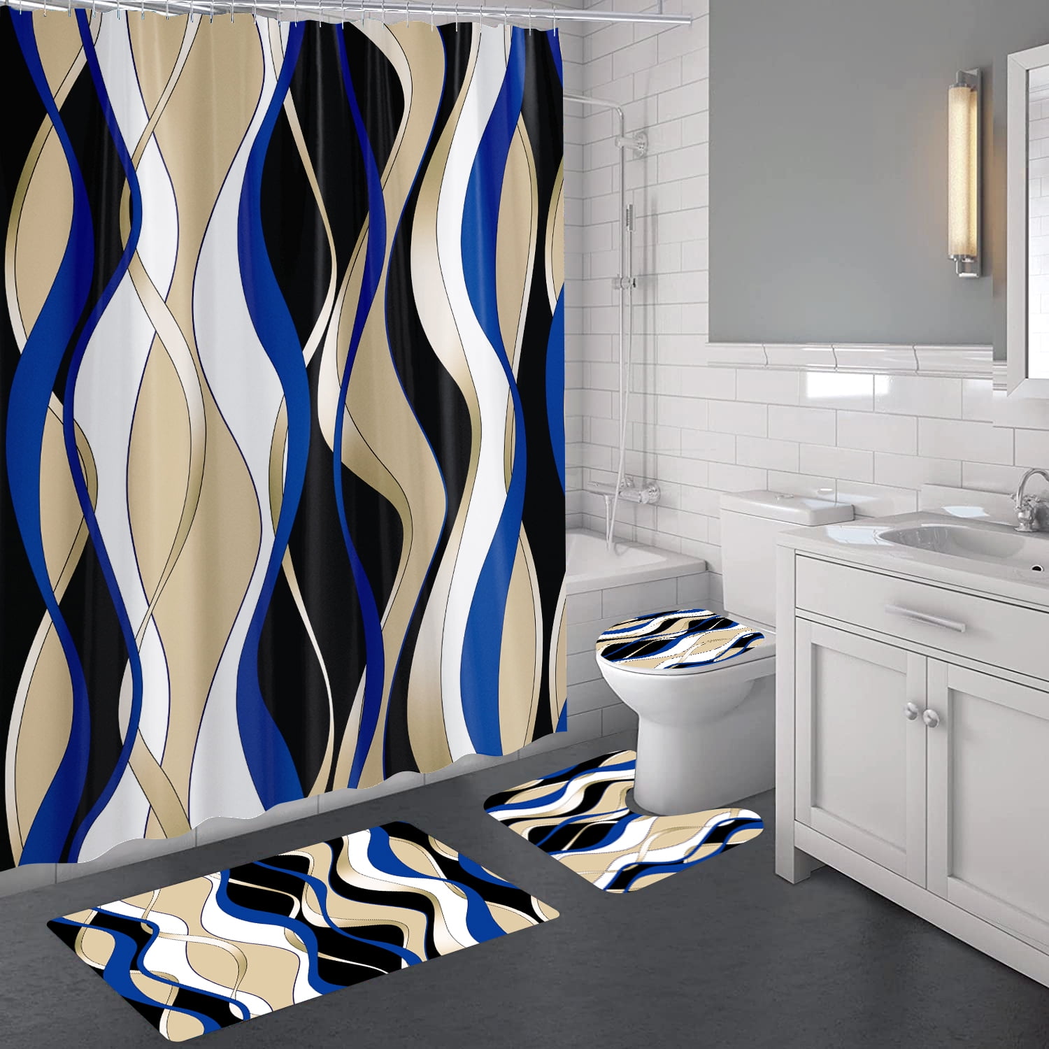 4 Pcs Blue and Yellow Striped Shower Curtain Set Grey and White