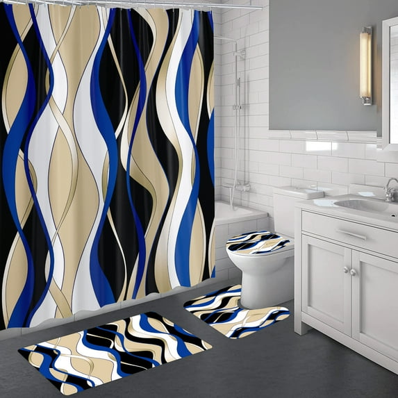 4 Pcs Blue and Yellow Striped Shower Curtain Set Grey and White Bathroom Sets with Shower Curtain and Rugs Modern Home Bathroom Decor Shower Curtains with Rugs and Toilet Lid Cover