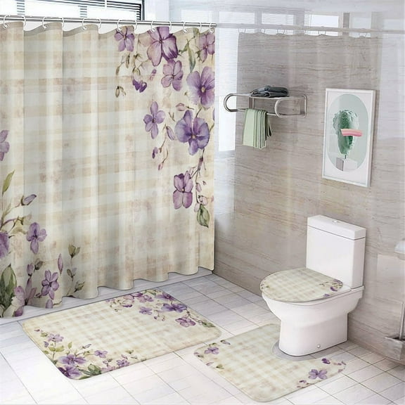 4 Pcs Bohemian Color Shower Curtain Set with Non-Slip Rugs Bathroom Set Bathroom Carpet Bath Mat And Toilet Rugs