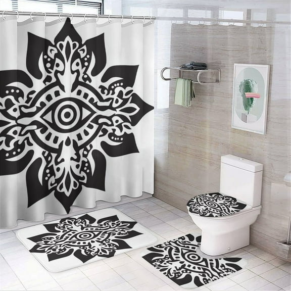 4 Pcs Bohemian Pattern Shower Curtain Set with Non-Slip Rugs Bathroom Set Bathroom Carpet Bath Mat And Toilet Rugs