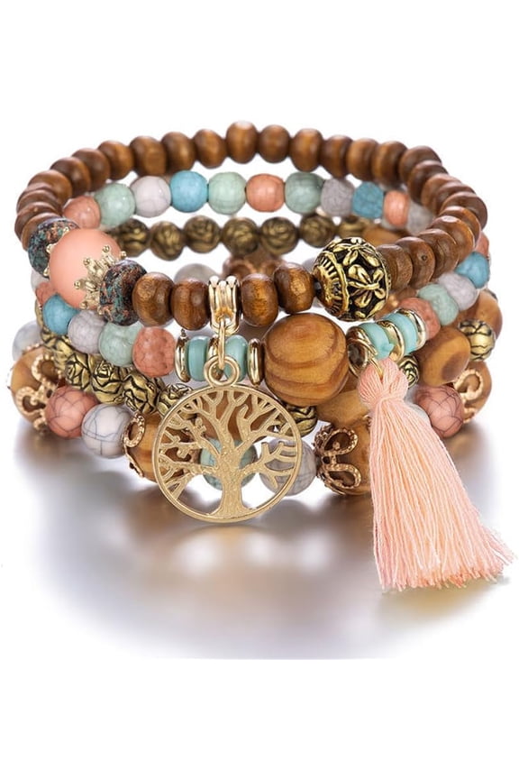 4 Pcs Bohemian Stackable Bracelets for Women Men Set Stretch Multilayer Stack Beads Colorful Beaded Charm Tree of Life Handmade Tassels Jewelry Hippie Bracelet Dainty Best Friends Gift