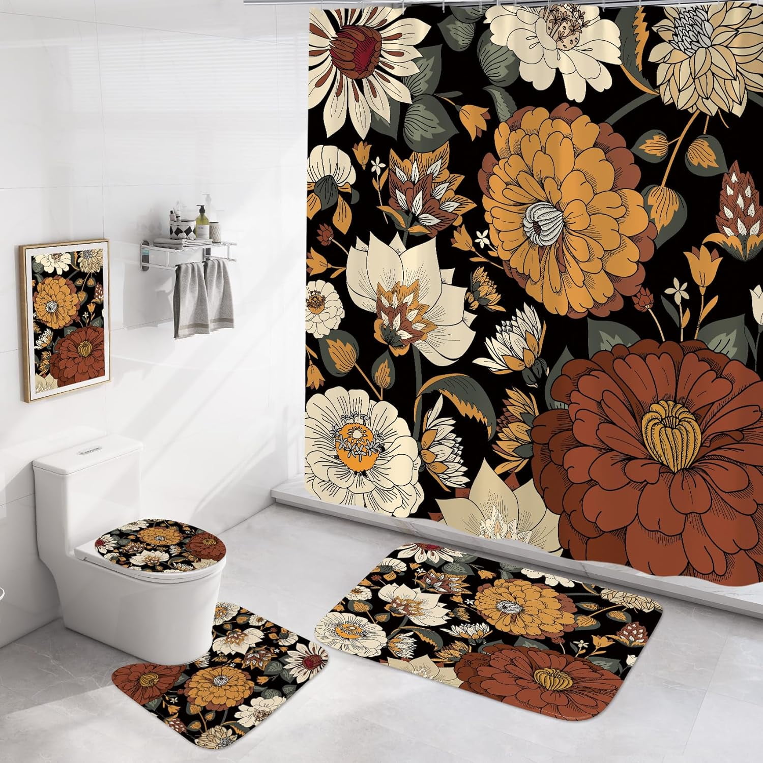 4 Pcs Boho Floral Bathroom Sets with Shower Curtain and Rugs, Tropical