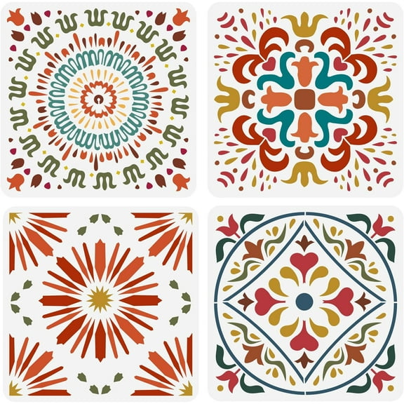 4 Pcs Boho Mandala Stencil Set: 11.8x11.8 inch Plastic Wall & Floor Tile Stencils