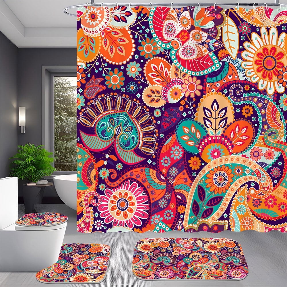 4 Pcs Boho Paisley Mandala Floral Shower Curtain Set with Rug Toilet Cover and Bath Mat for Bathroom