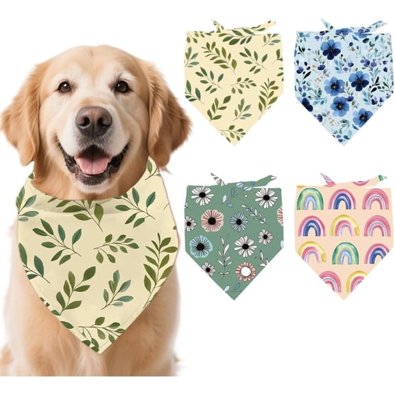 4 Pcs Boho Polyester Pet Bandanas Leaves Blue Flower Dog Scarf Washable Triangle Fabric Pet Bandanas for Small Medium Large Cat and Dog Clothing Accessories 26.7x18.9 Inch