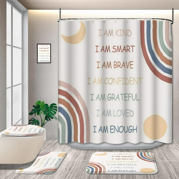 4 Pcs Boho Rainbow Inspirational Quotes Shower Curtain Sets with Non-Slip Rugs, Abstract Motivational Positive Kids Teen Girls Pink Muted Moon Sun Fabric Polyester with 12 Hooks 72 * 72in