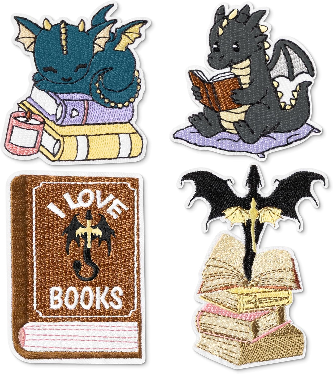 4 Pcs Book Dragon Iron on Patches Cute Fantasy Dragon Sew on Repair Embroidered Applique Reading Club DIY Crafts Accessories Bookish Gifts for Book Lover Fantasy Reader Bookworm Clothing Backpack Hat