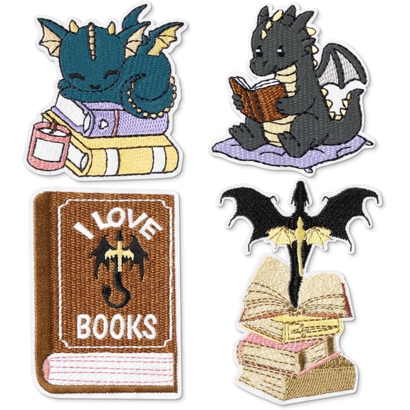 4 Pcs Book Dragon Iron on Patches Cute Fantasy Dragon Sew on Repair Embroidered Applique Reading Club DIY Crafts Accessories Bookish Gifts for Book Lover Fantasy Reader Bookworm Clothing Backpack Hat