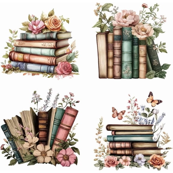 4 Pcs Books Theme Heat Transfer Film Logo Stickers Set 4 Styles Books Flowers Butterfly Heat Transfer Stickers Iron on Decals for T-Shirts Patches Bags Hats DIY Crafts Colorful DIY