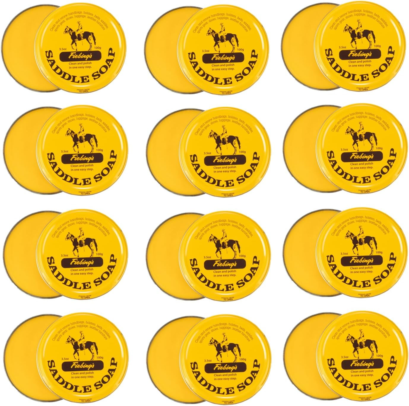 Fiebing's Yellow Saddle Soap for Leather (12 Pack, 3.5 oz Each, 42 oz Total) - Leather Cleaner & Conditioner to Soften, Protect & Restore Leathercraft - Leather Soap for Car Seat, Couch, Shoe, Purse