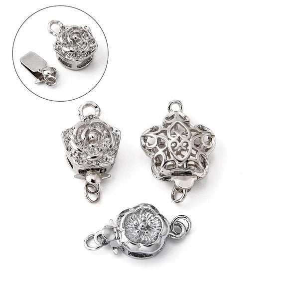 4 Pcs Brass Box Clasps Cord Ends with Rhinestone Pearl Beads 4 Styles for Jewelry Making