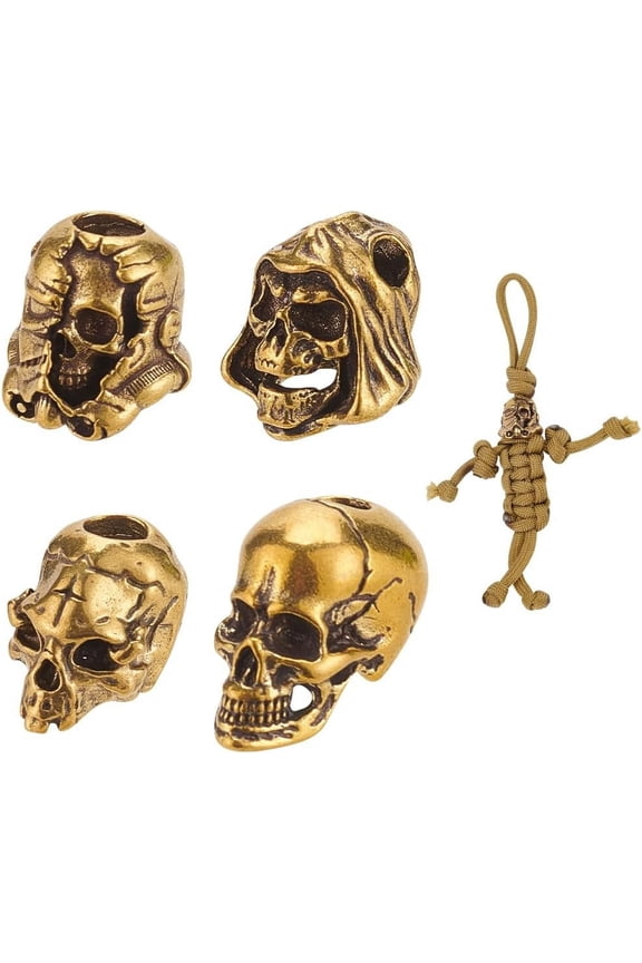 4 Pcs Brass Paracord Beads - 4 Styles Lanyard European Golden Large Hole for EDC Rope Making Pendant Buckle Keychain for DIY