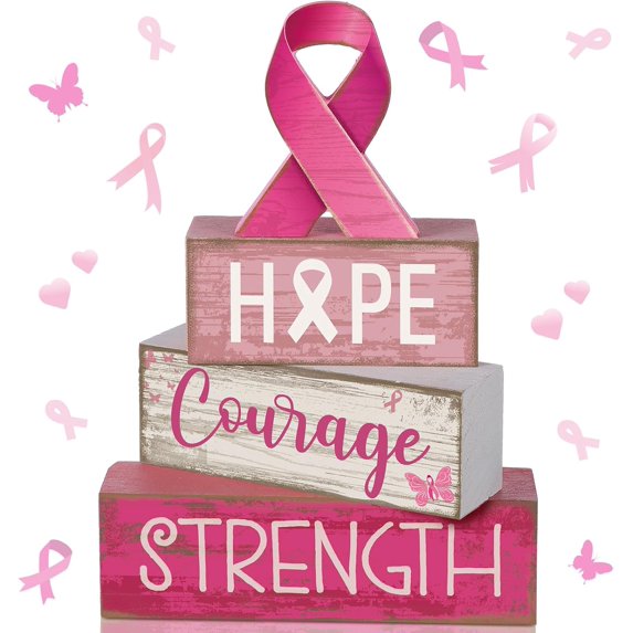 4 Pcs Breast Cancer Awareness Table Decor Pink Ribbon Wooden Sign Breast Cancer Tiered Tray Decor Decorative Pink Ribbon Blocks Sign Gifts for Home Kitchen Party Decoration
