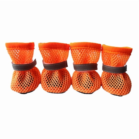 4 Pcs Breathable Dog Shoes, Mesh PU Dog Booties with Magic Tape, Non-Slip Easy to Put on Pet Paw Protectors for Small Dogs, Indoor Outdoor Walking, Orange M