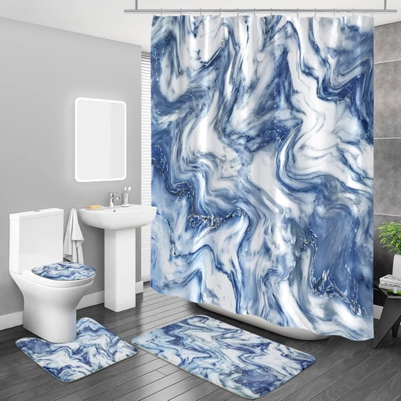 4 Pcs Brown Marble Shower Curtain Sets with Rugs, Tan Bathroom Decor Sets with Shower Curtain and Rugs and Accessories, Modern Bathroom Curtain Sets with Mats