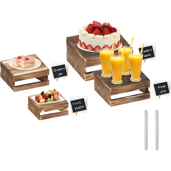 4 Pcs Buffet Risers with Mini Signs, Rustic Wood Cake Stands, Food Risers for Buffet Table, Dessert Display Stand, Wood Crates, Rustic Cake Stand for Party, Wedding, Birthday, Baby Shower, 4 Sizes