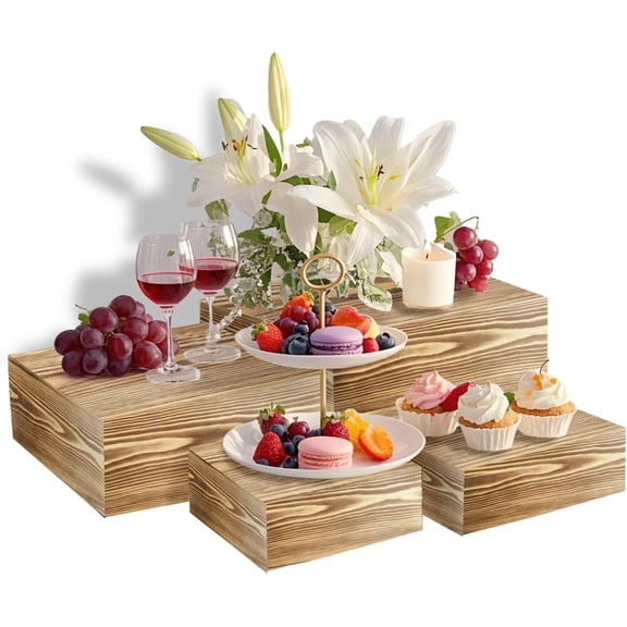 4 Pcs Buffet Risers, Wood Food Riser Dessert Display Stand for Party Wood Cupcake Stands Nesting Box for Display (Lightly Burnt)
