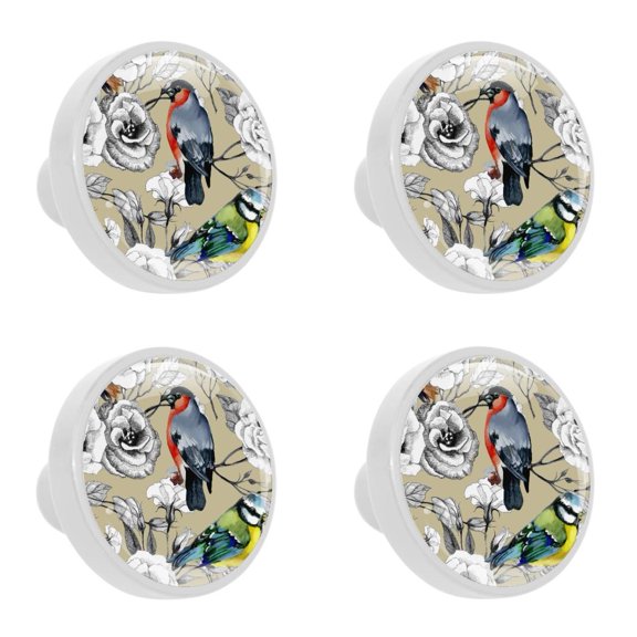 4 Pcs Bullfinch Titmouse Birds Knobs for Kitchen Cabinet Cupboard Dresser Bookcase Drawer Pulls Handles Round Home Decor