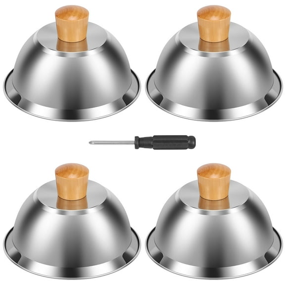 4 Pcs Burger Covers with Bamboo Handle Stainless Steel Basting Cover Round Cheese Melting Dome Dishwasher Safe Steaming Cover for Cooking Hamburgers Steaks Bacon
