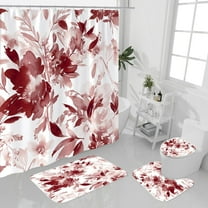 4 Pcs Burgundy Watercolor Floral Shower Curtain Sets with Rug, Toilet Lid Cover and Bath Mat, Botanical Flower Shower Curtain for Purple Bathroom Decor, White Fabric Waterproof Bathroom Set