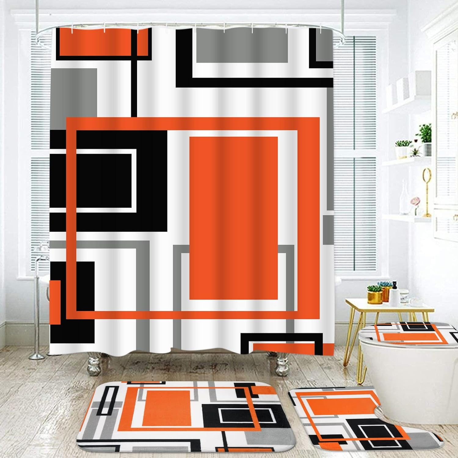 4 Pcs Burnt Orange Shower Curtain Sets with Non-Slip Rugs, Toilet Lid ...